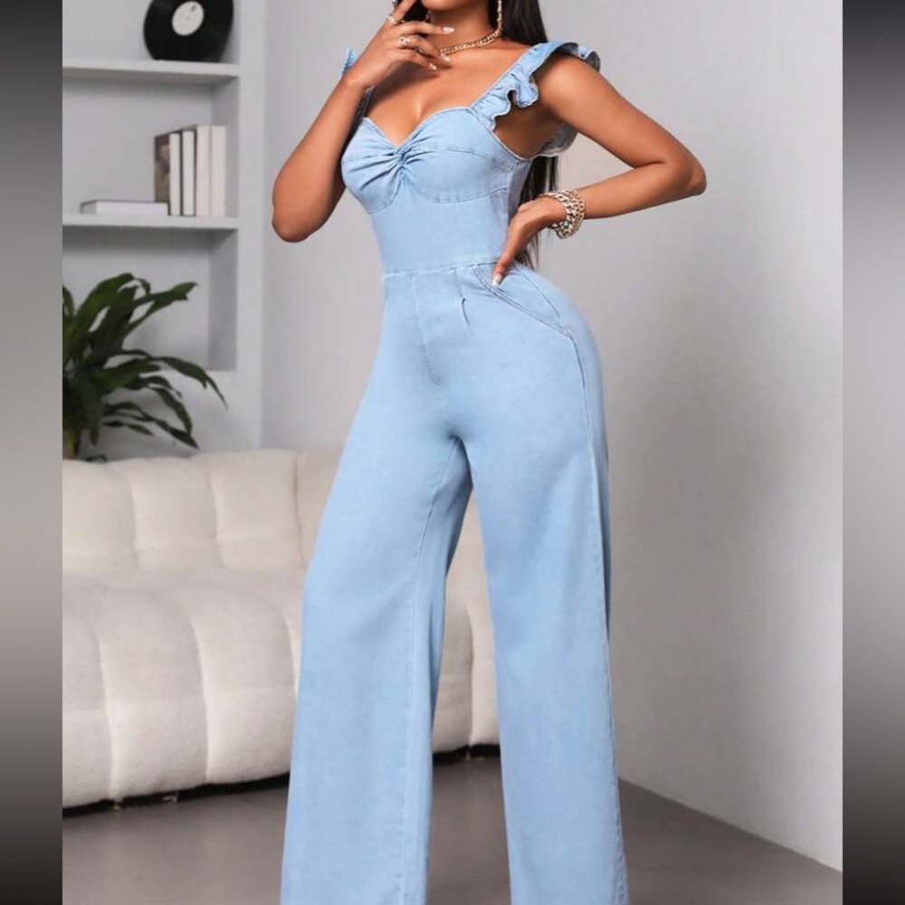 Twist Ruffle Trim Wide Leg Denim Jumpsuit